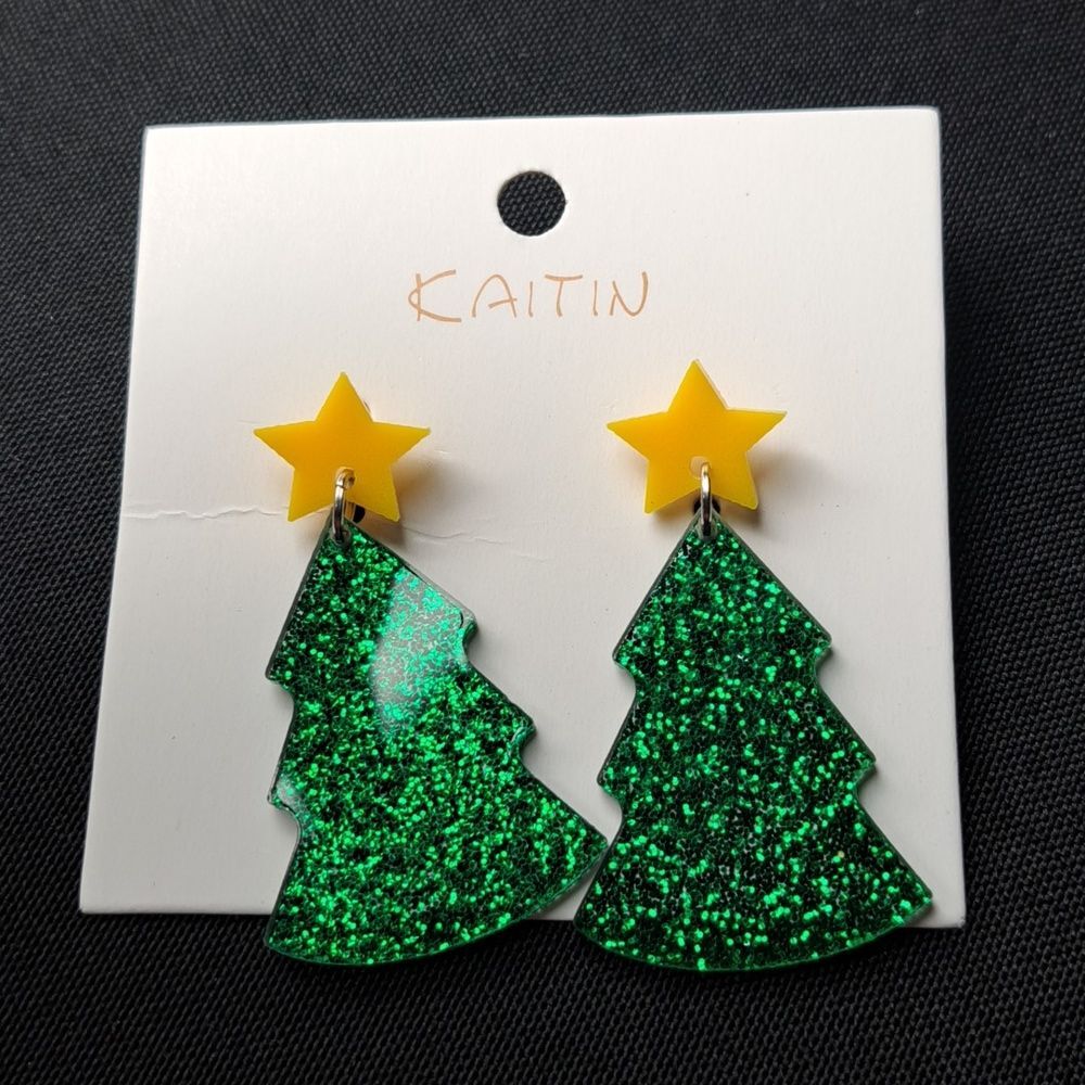 Christmas tree w star acrylic earrings post back nwt - Picture 2 of 2